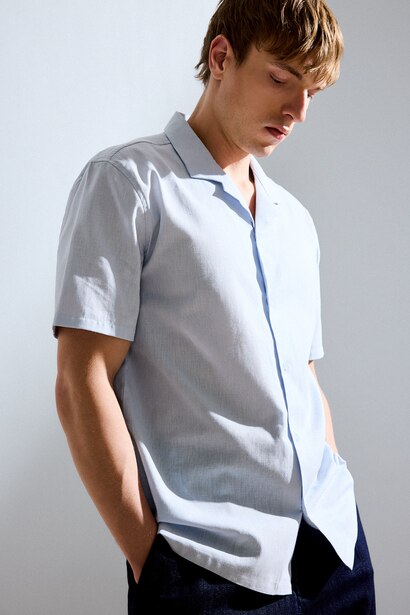 Regular Fit Shirt Collar Linen Blended Short Sleeve Shirt