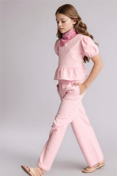 بنطلون بناتي وايد ليج قطن برجل واسع