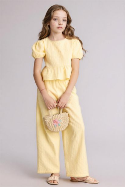 بنطلون بناتي وايد ليج قطن برجل واسع