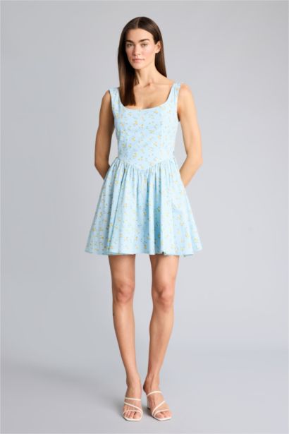 Afra x Defacto V Yaka Floral Poplin Kolsuz Mini Elbise