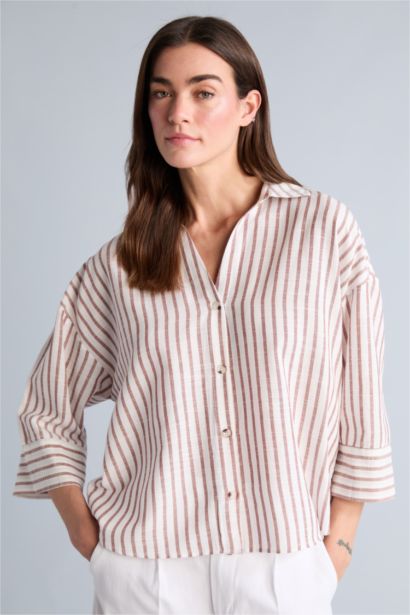 Oversıze Çizgili Keten Görünümlü Uzun Kollu Gömlek