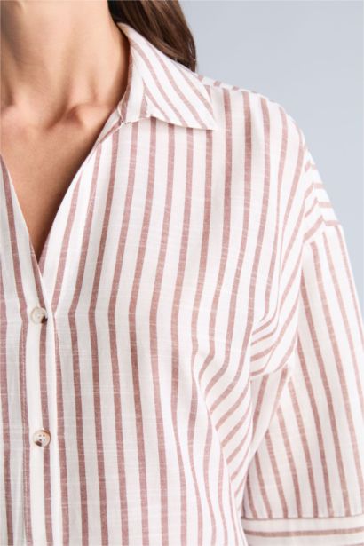 Oversıze Çizgili Keten Görünümlü Uzun Kollu Gömlek