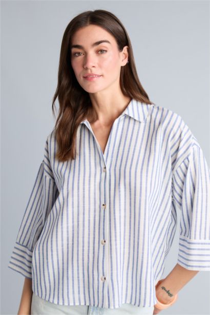 Oversıze Çizgili Keten Görünümlü Uzun Kollu Gömlek