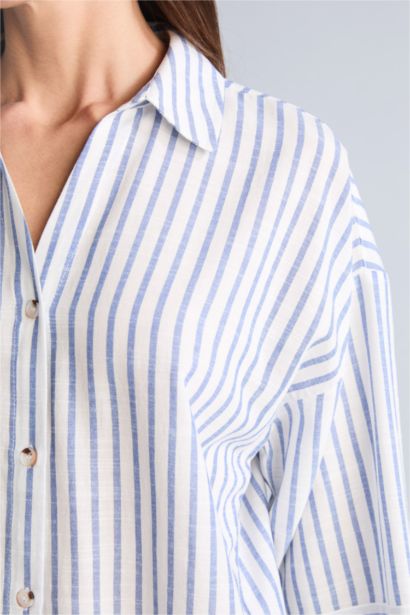 Oversıze Çizgili Keten Görünümlü Uzun Kollu Gömlek