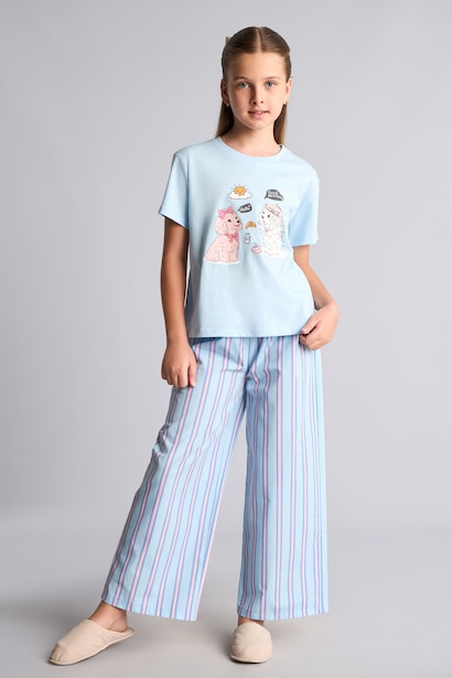 2'li Pijama Takımı Baskılı Çizgili Kız Çocuk