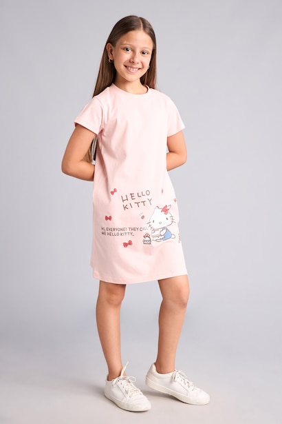 %100 Pamuk Hello Kitty Lisanslı Kısa Kollu Gecelik Kız Çocuk