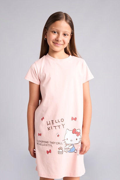 %100 Pamuk Hello Kitty Lisanslı Kısa Kollu Gecelik Kız Çocuk