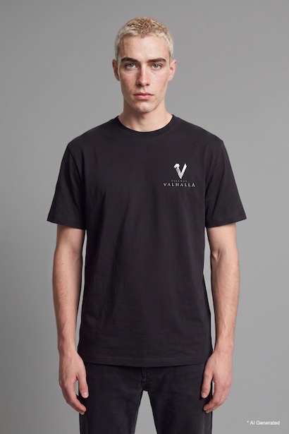 %100 Pamuk Boxy Fit Vıkıngs Valhalla Baskılı Tişört