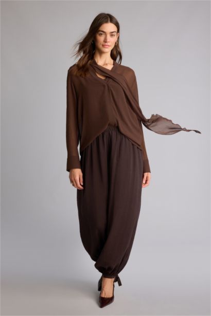 Regular Fit Shawl Collar Long Sleeve Blouse