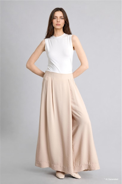 Folded Wide Leg Pleated Beige Trousers