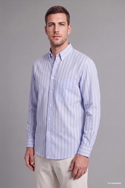 Relaxed Fit Light Blue Striped Cotton Long Sleeve Shirt