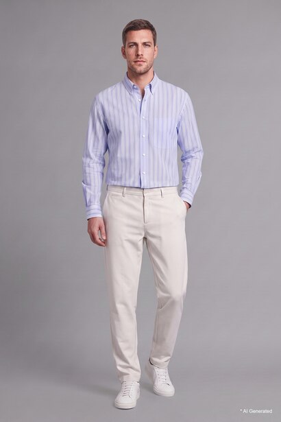 Relaxed Fit Light Blue Striped Cotton Long Sleeve Shirt