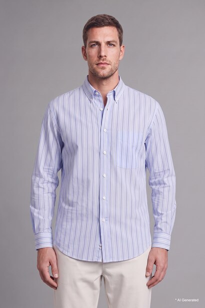Relaxed Fit Light Blue Striped Cotton Long Sleeve Shirt