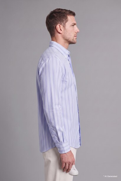 Relaxed Fit Light Blue Striped Cotton Long Sleeve Shirt