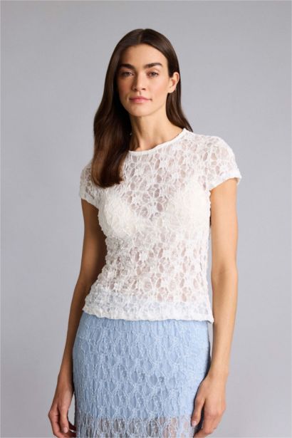 Slım Fıt Bisiklet Yaka Dantel Kısa Kollu Tişört