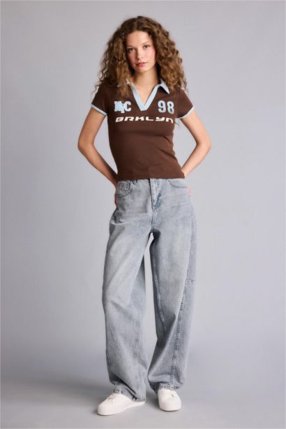 Fıtted Polo Yaka Baskılı Ribana Kısa Kollu Tişört