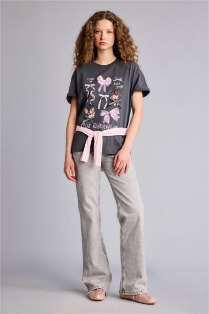 Oversıze Bisiklet Yaka Baskılı Kısa Kollu Tişört