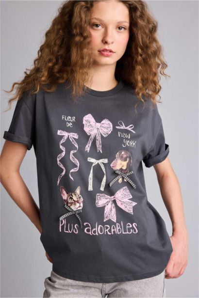 Oversıze Bisiklet Yaka Baskılı Kısa Kollu Tişört