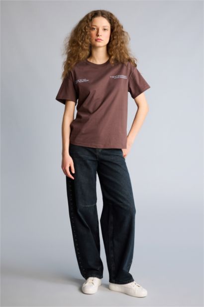 Oversıze Bisiklet Yaka Baskılı Kısa Kollu Tişört