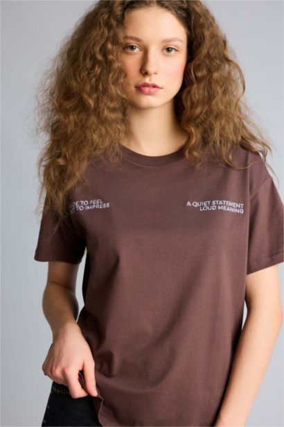 Oversıze Bisiklet Yaka Baskılı Kısa Kollu Tişört