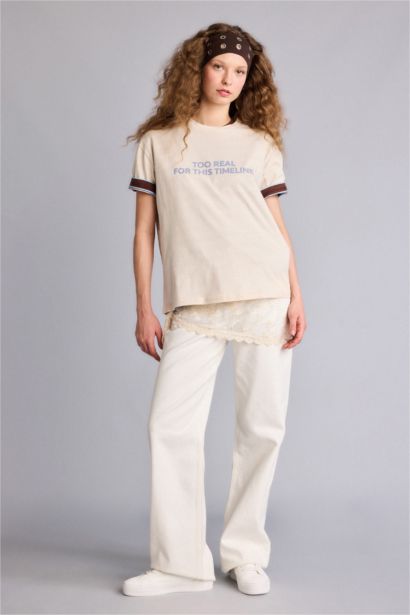 Oversıze Bisiklet Yaka Baskılı Kısa Kollu Tişört