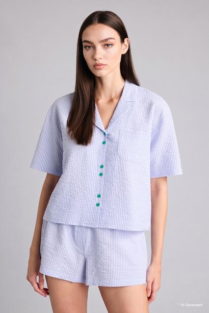 Regular Fıt Kısa Kollu Düğmeli Üst Kısa Paça Şort Dokuma Pijama Takımı