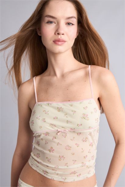Slim Fit Floral Tulle Strappy Tank Top