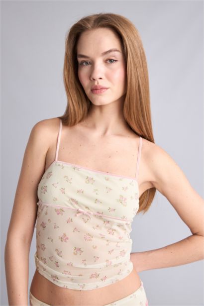Slim Fit Floral Tulle Strappy Tank Top