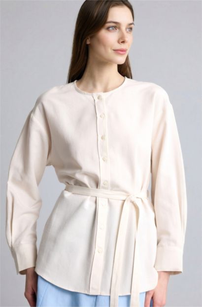 Regular Fit Uzun kollu Keten Karışımlı Tunik