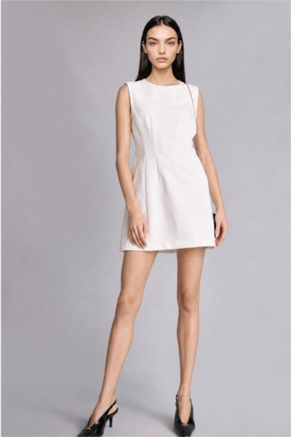 Sleeveless Crew Neck Ecru Mini Dress