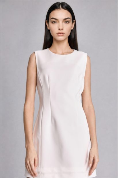 Sleeveless Crew Neck Ecru Mini Dress