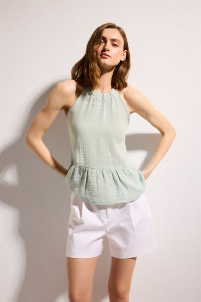 Regular Fit Halter Yaka Kolsuz Müslin Bluz