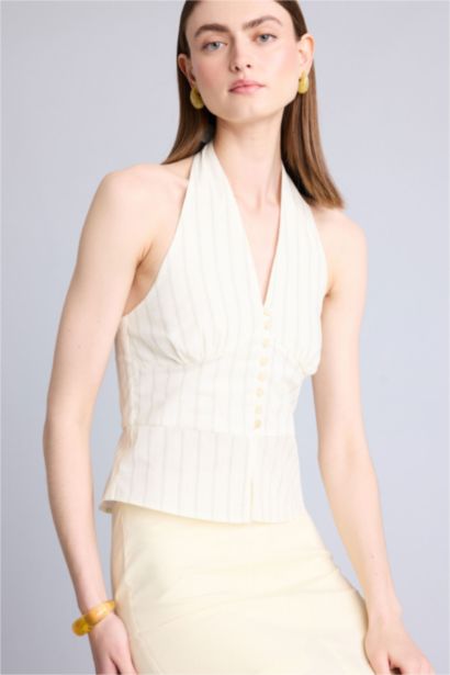 Fitted Kolsuz Çizgili Bluz