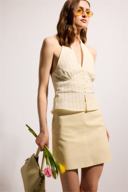 %100 Pamuk Fıtted Halter Yaka Çizgili Kolsuz Bluz