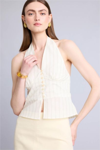 %100 Pamuk Fıtted Halter Yaka Çizgili Kolsuz Bluz