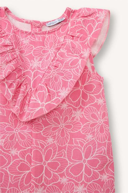 Çiçekli Keten Tulum Kız Bebek