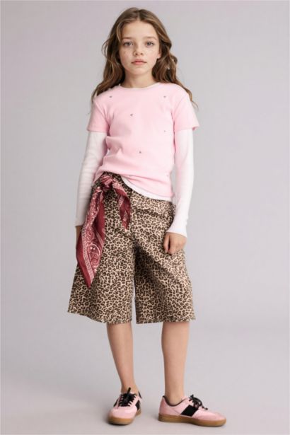 Leopar Desenli Gabardin Şort Kız Çocuk