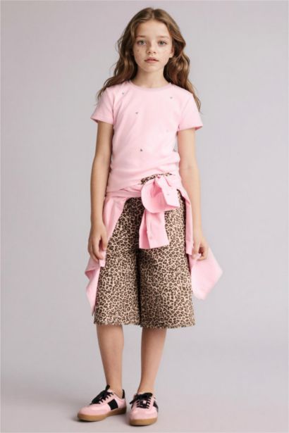 Leopar Desenli Gabardin Şort Kız Çocuk