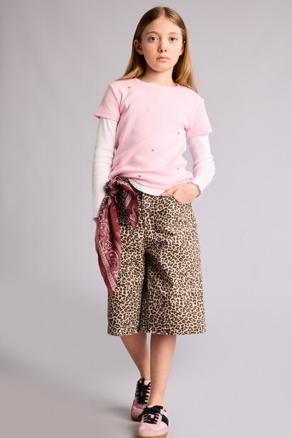 %100 Pamuk Leopar Desenli Gabardin Şort Kız Çocuk