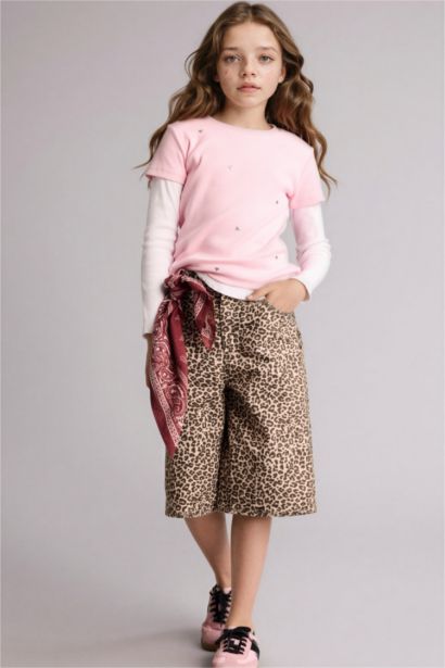 Leopar Desenli Gabardin Şort Kız Çocuk