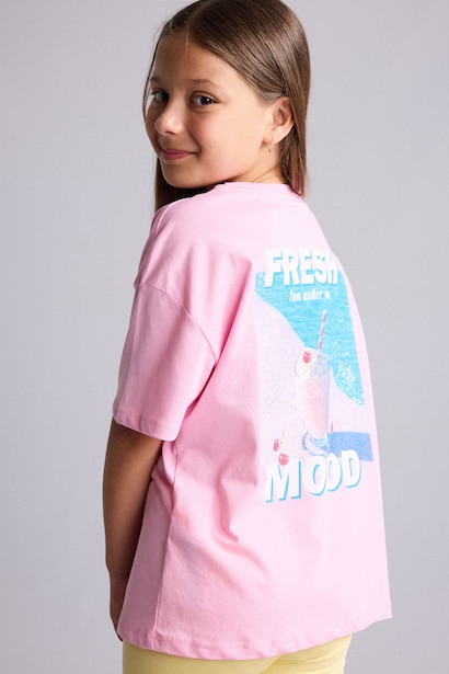 Girl Crew Neck Printed Short Sleeve Pink T-Shirt