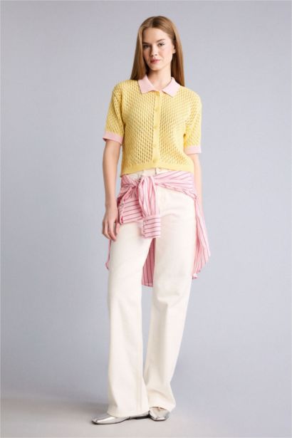 Sarı polo yaka detayına sahip triko yelek