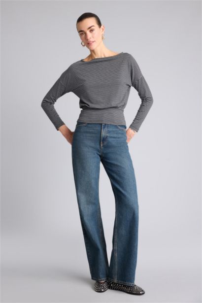 Slım Fıt Kayık Yaka Uzun Kollu Tişört