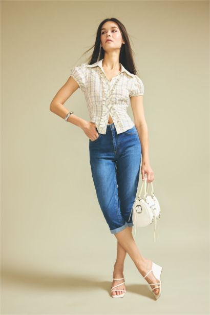 High Waist Folded Leg Denim Capri