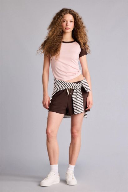 Fıtted Bisiklet Yaka Viskon Kısa Kollu Tişört