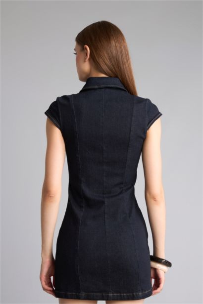 Fermuarlı İndigo Mini Jean Elbise