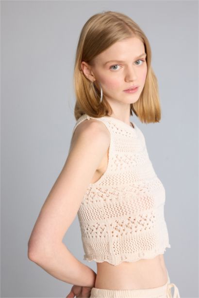 Regular Fit Boat Neck Openwork Knit Blouse