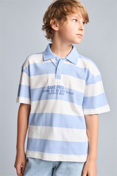 Oversize Baskılı Çizgili Polo Tişört Erkek Çocuk