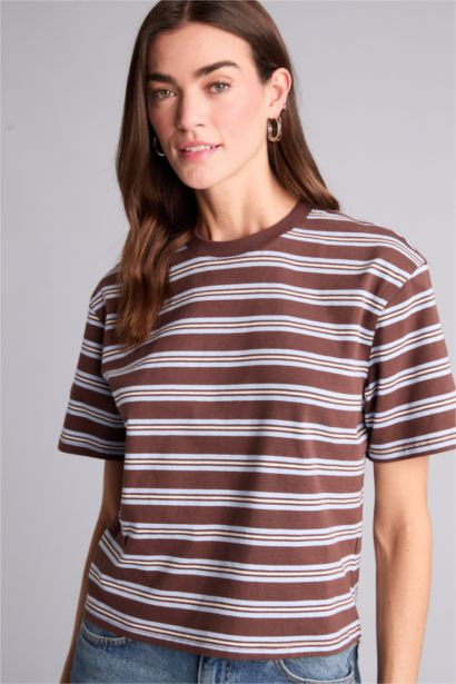 Relax Fıt Bisiklet Yaka Çizgili Kısa Kollu Tişört