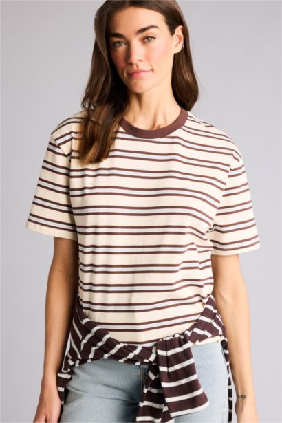 Relax Fıt Bisiklet Yaka Çizgili Kısa Kollu Tişört